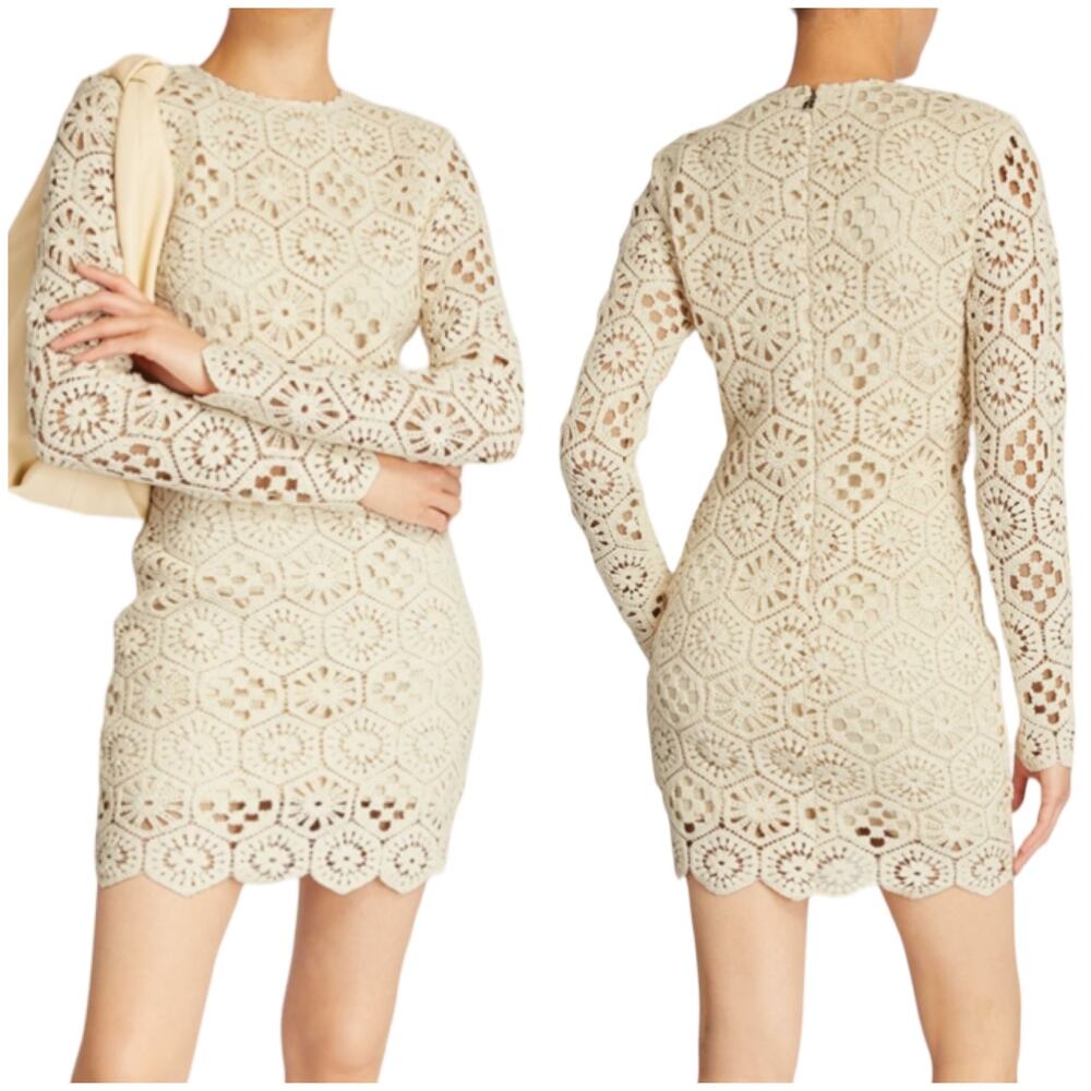 ROTATE NWT Crochet Cotton Erna Mini Dress Size 8 Long Sleeve Sheath Boho Ivory
